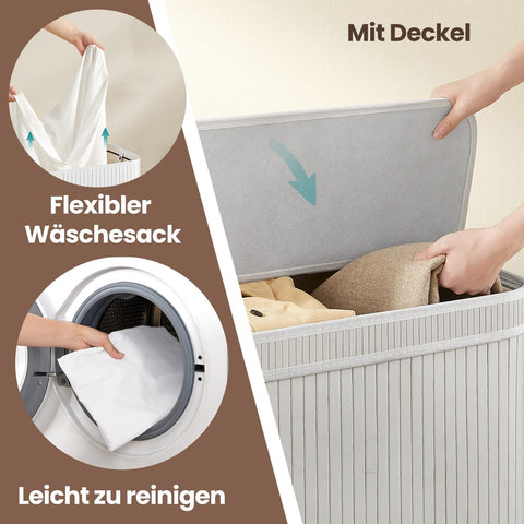 Rootz Laundry Basket with Lid - Laundry Collector - Bamboo Laundry Bag - Machine Washable - 34.5 x 54.5 x 61 cm