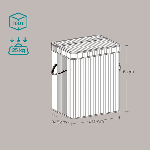 Rootz Laundry Basket with Lid - Laundry Collector - Bamboo Laundry Bag - Machine Washable - 34.5 x 54.5 x 61 cm