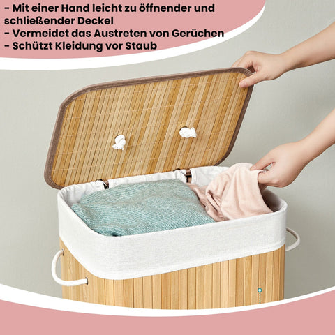 Rootz Laundry Basket with Lid - Laundry Collector - Clothes Hamper - Bamboo Design, 72L - 40cm x 60cm x 30cm