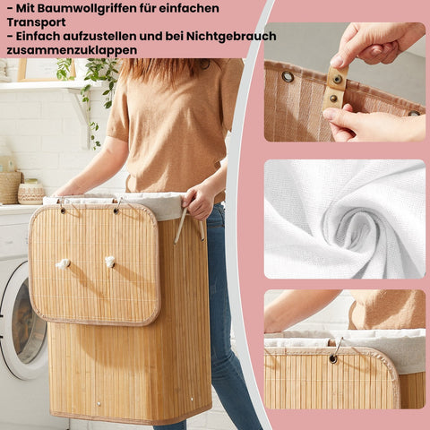Rootz Laundry Basket with Lid - Laundry Collector - Clothes Hamper - Bamboo Design, 72L - 40cm x 60cm x 30cm