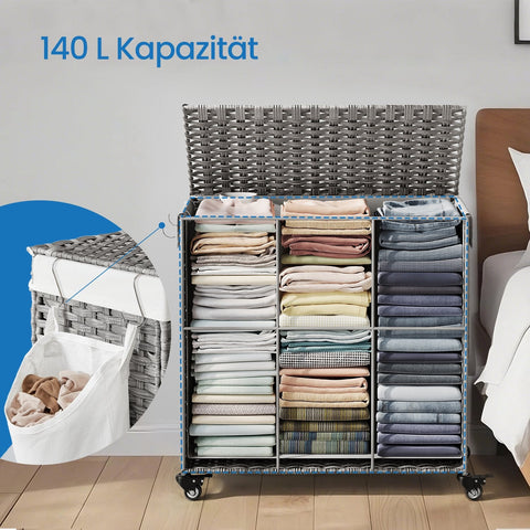 Rootz 140L Laundry Basket with Lid - Clothes Collector - Laundry Sorter - Hand-Woven Design - 66cm x 33cm x 60cm
