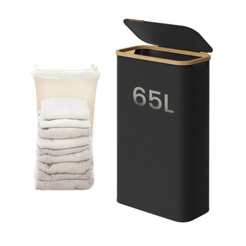 Rootz Laundry Basket - Clothes Collector with Lid - Storage Bin - 65L Capacity - Dimensions: 42cm x 22.5cm x 70.5cm - Ink Black