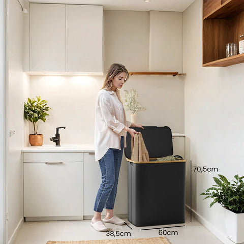 Rootz Black Washing Basket - Laundry Bin - Clothes Hamper - Durable & Spacious - 60cm x 38.5cm x 70.5cm