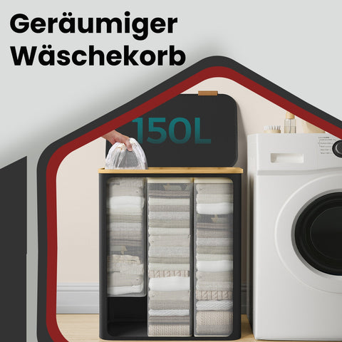 Rootz Black Washing Basket - Laundry Bin - Clothes Hamper - Durable & Spacious - 60cm x 38.5cm x 70.5cm