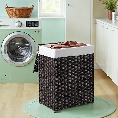 Rootz Black Laundry Basket - Clothes Hamper - Storage Bin - Hand-Woven Rattan - Water-Resistant - 46 x 33 x 60 cm