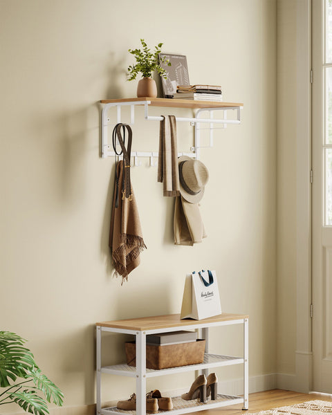 Rootz Wall Wardrobe - 5 Hook Organizer - Coat Rack - Space-Saver - 30x66x27cm - Brown & White Finish