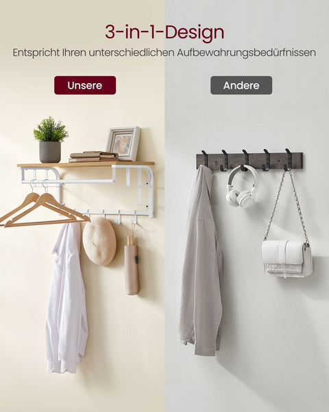 Rootz Wall Wardrobe - 5 Hook Organizer - Coat Rack - Space-Saver - 30x66x27cm - Brown & White Finish