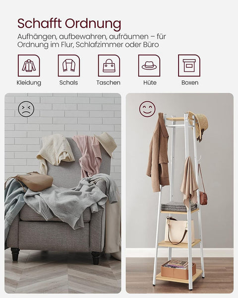 Rootz Kapstok - Eiken Wit - Spaanplaat Staal - Halorganizer - Ruimtebesparend - Eenvoudige montage - 43 cm x 43 cm x 180 cm