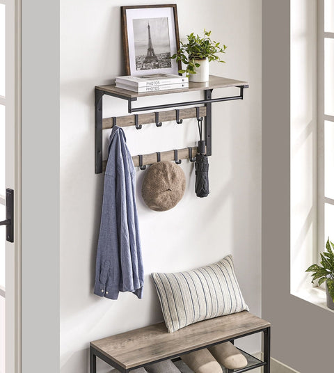 Rootz Wall Coat Rack with Clothes Rail - Coat Hanger - Jacket Stand - Chipboard & Steel - Greige Black - 30cm x 65cm x 42cm