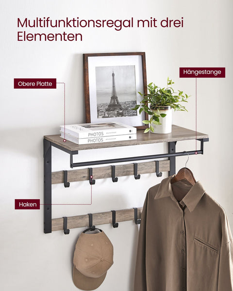 Rootz Wall Coat Rack with Clothes Rail - Coat Hanger - Jacket Stand - Chipboard & Steel - Greige Black - 30cm x 65cm x 42cm