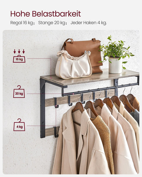 Rootz Wall Coat Rack with Clothes Rail - Coat Hanger - Jacket Stand - Chipboard & Steel - Greige Black - 30cm x 65cm x 42cm