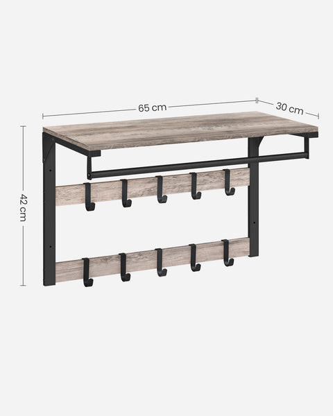 Rootz Wall Coat Rack with Clothes Rail - Coat Hanger - Jacket Stand - Chipboard & Steel - Greige Black - 30cm x 65cm x 42cm