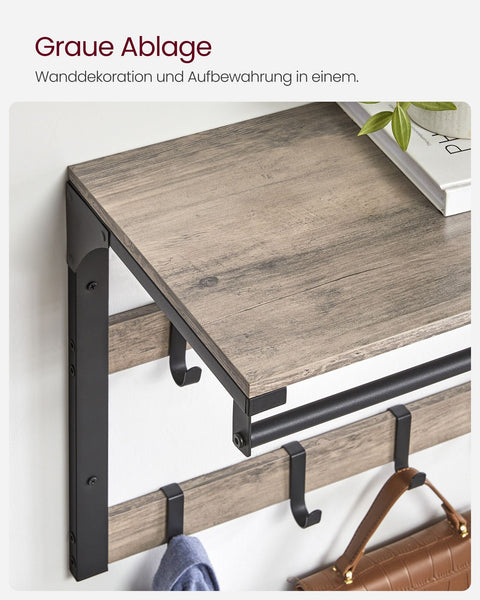 Rootz Wall Coat Rack with Clothes Rail - Coat Hanger - Jacket Stand - Chipboard & Steel - Greige Black - 30cm x 65cm x 42cm