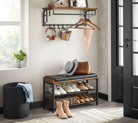 Rootz Wall Coat Rack - Entryway Organizer - Hallway Hanger - 5 Removable Hooks - Space Saver - Brown- Black - 80cm x 30cm x 27cm