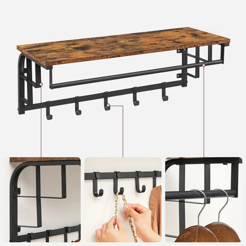 Rootz Wall Coat Rack - Entryway Organizer - Hallway Hanger - 5 Removable Hooks - Space Saver - Brown- Black - 80cm x 30cm x 27cm
