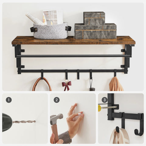Rootz Wall Coat Rack - Entryway Organizer - Hallway Hanger - 5 Removable Hooks - Space Saver - Brown- Black - 80cm x 30cm x 27cm