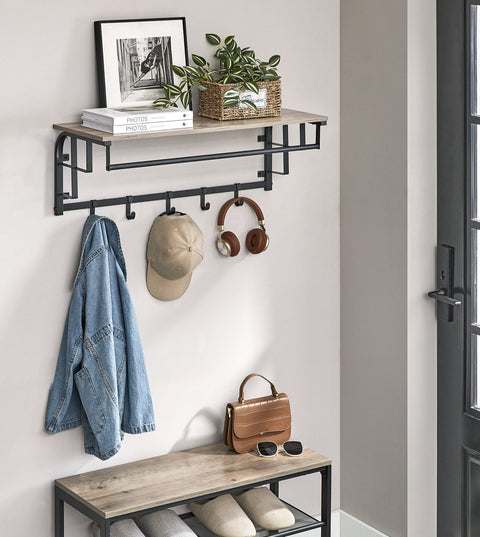 Rootz Wall Coat Rack with 5 Hooks - Wall Organizer - Garment Hanger - Maximizes Space - 30 x 66 x 27 cm - Grey-  Black