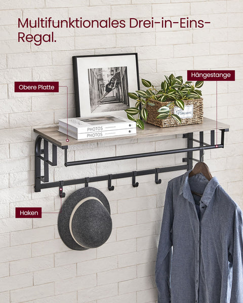Rootz Wall Coat Rack with 5 Hooks - Wall Organizer - Garment Hanger - Maximizes Space - 30 x 66 x 27 cm - Grey-  Black