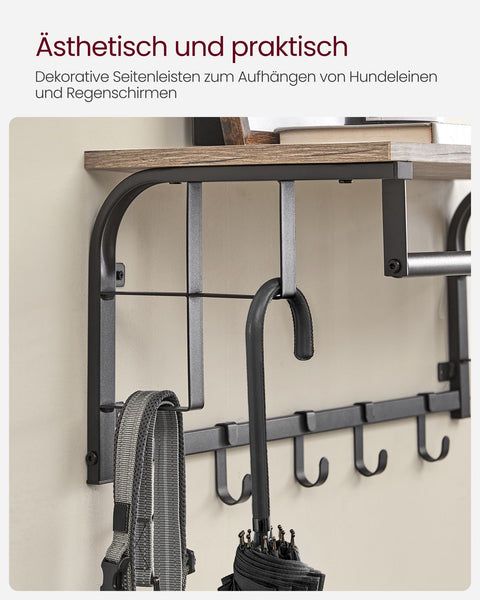 Rootz Wall Coat Rack with 5 Hooks - Wall Organizer - Garment Hanger - Maximizes Space - 30 x 66 x 27 cm - Grey-  Black