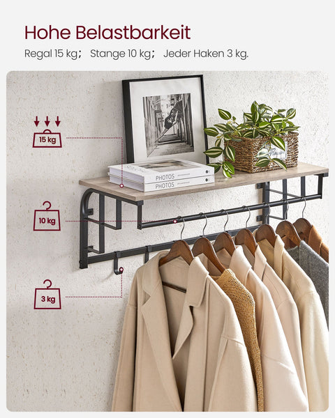 Rootz Wall Coat Rack with 5 Hooks - Wall Organizer - Garment Hanger - Maximizes Space - 30 x 66 x 27 cm - Grey-  Black