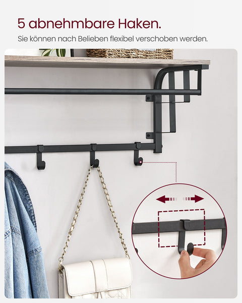 Rootz Wall Coat Rack with 5 Hooks - Wall Organizer - Garment Hanger - Maximizes Space - 30 x 66 x 27 cm - Grey-  Black