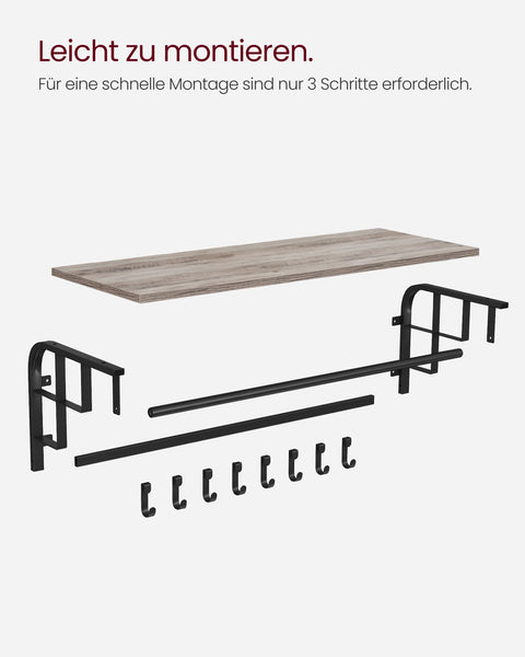 Rootz Wall Coat Rack with 5 Hooks - Wall Organizer - Garment Hanger - Maximizes Space - 30 x 66 x 27 cm - Grey-  Black