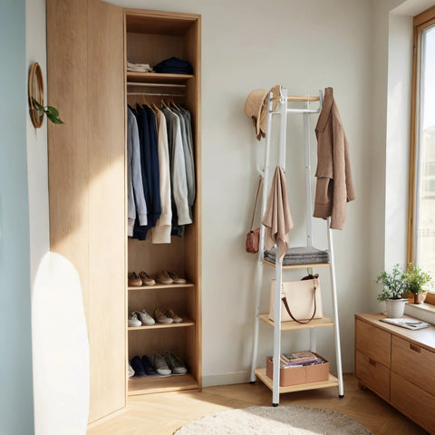 Rootz Cloakroom Stand - Clothes Rack - Cloakroom with Shelves - Space-Saving Design - 43cm x 43cm x 180cm