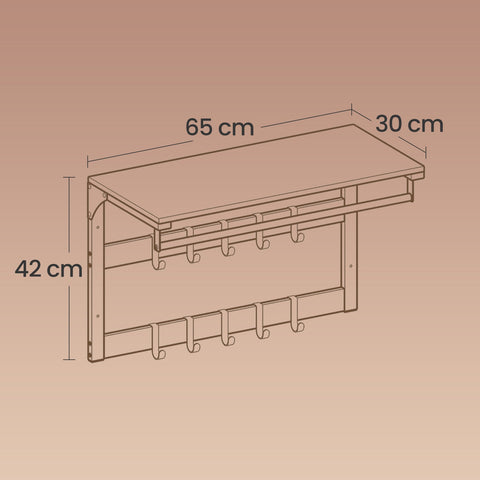 Rootz Wall Wardrobe & Shelf - Wall Mounted Coat Rack - Removable Hooks - Space-Saving Storage - 65cm x 30cm x 42cm