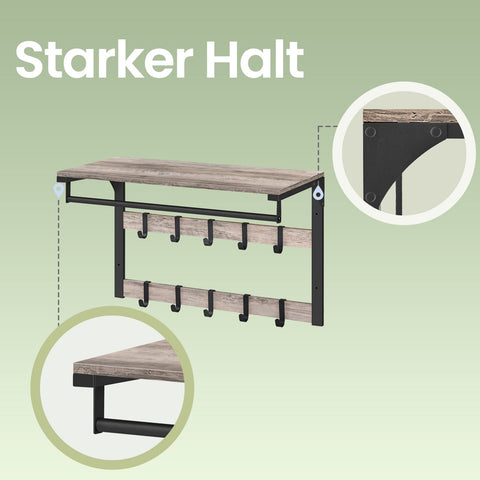 Rootz Wall Wardrobe with Shelf - Wall Shelf - Coat Rack - 10 Removable Hooks - Space Saving - 30cm x 65cm x 42cm