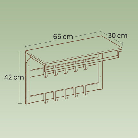 Rootz Wall Wardrobe with Shelf - Wall Shelf - Coat Rack - 10 Removable Hooks - Space Saving - 30cm x 65cm x 42cm