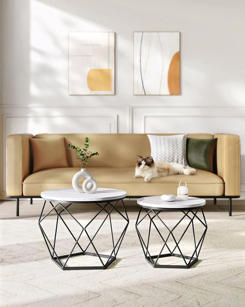 Rootz 2 Piece Side Table Set - End Tables - Accent Tables - Chipboard and Steel - 60cm x 45cm - 50cm x 40cm - Marble White-Ink Black