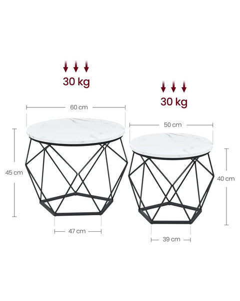 Rootz 2 Piece Side Table Set - End Tables - Accent Tables - Chipboard and Steel - 60cm x 45cm - 50cm x 40cm - Marble White-Ink Black
