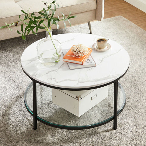 Rootz Coffee Table - White Marble Look - Black Frame - Chipboard - Steel - Tempered Glass - 80cm x 44.5cm - Max. 20kg Static Load Capacity