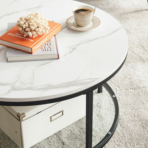 Rootz Coffee Table - White Marble Look - Black Frame - Chipboard - Steel - Tempered Glass - 80cm x 44.5cm - Max. 20kg Static Load Capacity