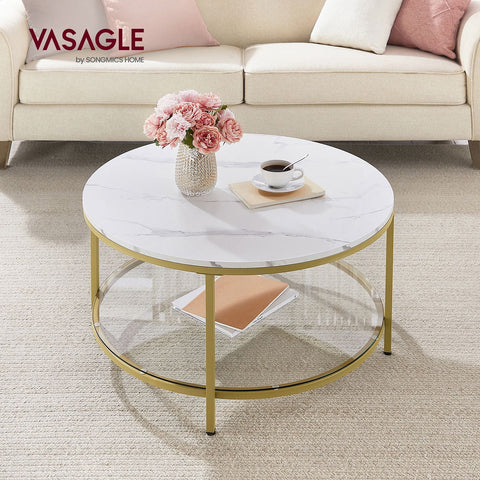 Rootz Marble White-Metallic Gold Coffee Table - Living Room Table - Modern Center Table - Chipboard - Tempered Glass - Steel Frame - Adjustable Feet - Lightweight - Easy Assembly - 80cm x 46cm - Max. Load Capacity 30kg