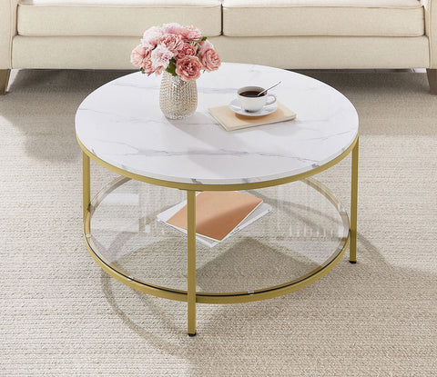 Rootz Modern Coffee Table - Glass Top - Contemporary Chic - Adjustable Feet - 80cm x 46cm - White- Gold