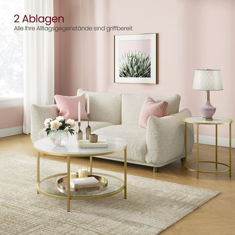 Rootz Marble White-Metallic Gold Coffee Table - Living Room Table - Modern Center Table - Chipboard - Tempered Glass - Steel Frame - Adjustable Feet - Lightweight - Easy Assembly - 80cm x 46cm - Max. Load Capacity 30kg