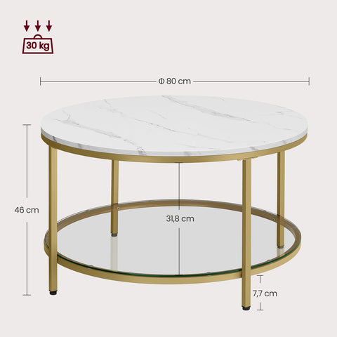 Rootz Modern Coffee Table - Glass Top - Contemporary Chic - Adjustable Feet - 80cm x 46cm - White- Gold