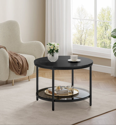 Rootz Coffee Table - 2 Tier Table - Glass Table - Marble Design - Elegant Style - 65cm x 46cm