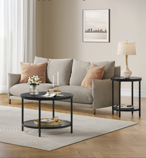 Rootz Coffee Table - 2 Tier Table - Glass Table - Marble Design - Elegant Style - 65cm x 46cm