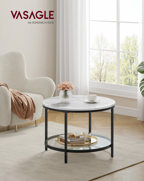 Rootz Coffee Table Set - Living Room Table - Modern Center Table - Chipboard - Tempered Glass - Steel Frame - Adjustable Feet - Marble White-Ink Black - 65cm x 46cm - 9.5kg - 30kg Capacity