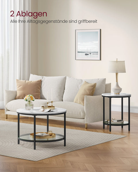 Rootz Coffee Table Set - Living Room Table - Modern Center Table - Chipboard - Tempered Glass - Steel Frame - Adjustable Feet - Marble White-Ink Black - 65cm x 46cm - 9.5kg - 30kg Capacity