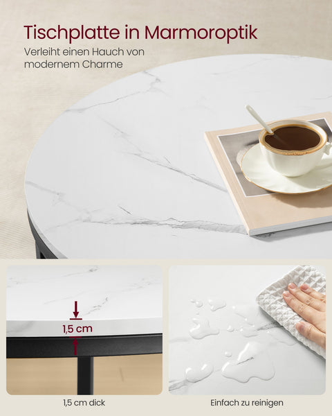 Rootz Coffee Table Set - Living Room Table - Modern Center Table - Chipboard - Tempered Glass - Steel Frame - Adjustable Feet - Marble White-Ink Black - 65cm x 46cm - 9.5kg - 30kg Capacity