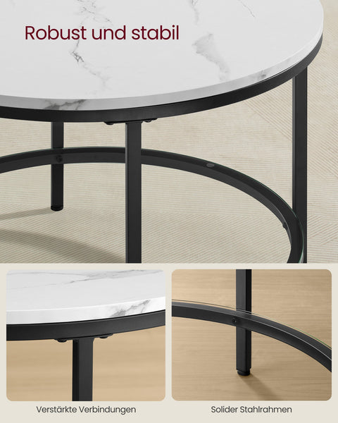 Rootz Coffee Table Set - Living Room Table - Modern Center Table - Chipboard - Tempered Glass - Steel Frame - Adjustable Feet - Marble White-Ink Black - 65cm x 46cm - 9.5kg - 30kg Capacity