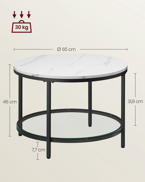 Rootz Coffee Table Set - Living Room Table - Modern Center Table - Chipboard - Tempered Glass - Steel Frame - Adjustable Feet - Marble White-Ink Black - 65cm x 46cm - 9.5kg - 30kg Capacity