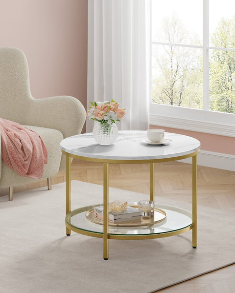 Rootz Marble White-Light Gold Coffee Table - Living Room Table - Modern Table - Chipboard - Tempered Glass - Steel - Adjustable Feet - Lightweight - Spacious - Easy Assembly - 65cm x 46cm x 73.5cm