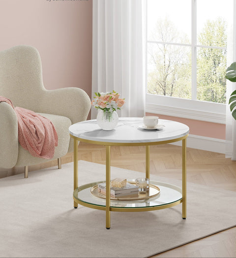 Rootz Coffee Table - 2 Levels - Glass Top -  White - Elegant Design - 65cm x 46cm