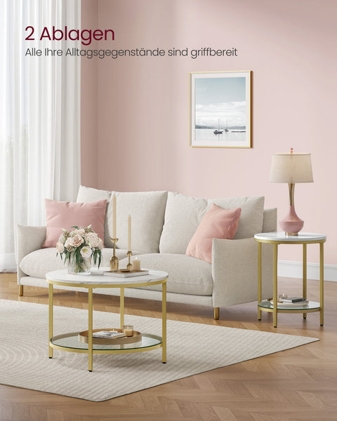 Rootz Coffee Table - 2 Levels - Glass Top -  White - Elegant Design - 65cm x 46cm