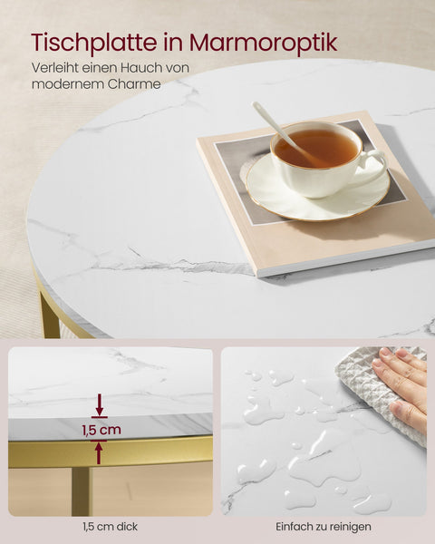 Rootz Marble White-Light Gold Coffee Table - Living Room Table - Modern Table - Chipboard - Tempered Glass - Steel - Adjustable Feet - Lightweight - Spacious - Easy Assembly - 65cm x 46cm x 73.5cm