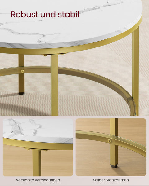 Rootz Marble White-Light Gold Coffee Table - Living Room Table - Modern Table - Chipboard - Tempered Glass - Steel - Adjustable Feet - Lightweight - Spacious - Easy Assembly - 65cm x 46cm x 73.5cm
